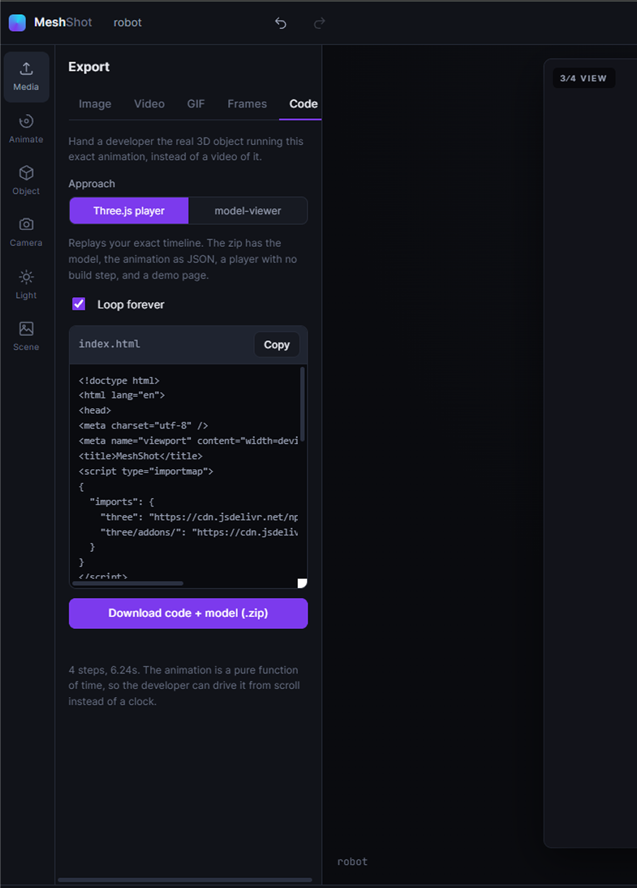 The MeshShot code export panel showing the Three.js player package contents