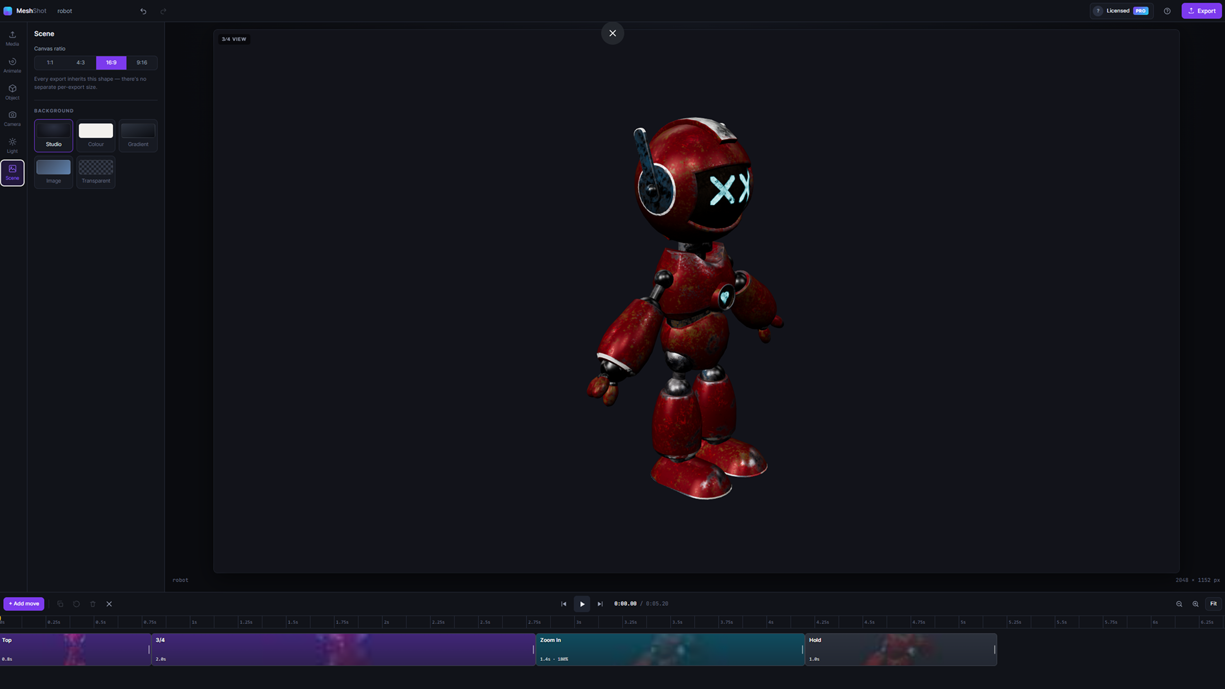 Annotated MeshShot editor showing the icon rail, properties panel, 3D viewport and animation timeline