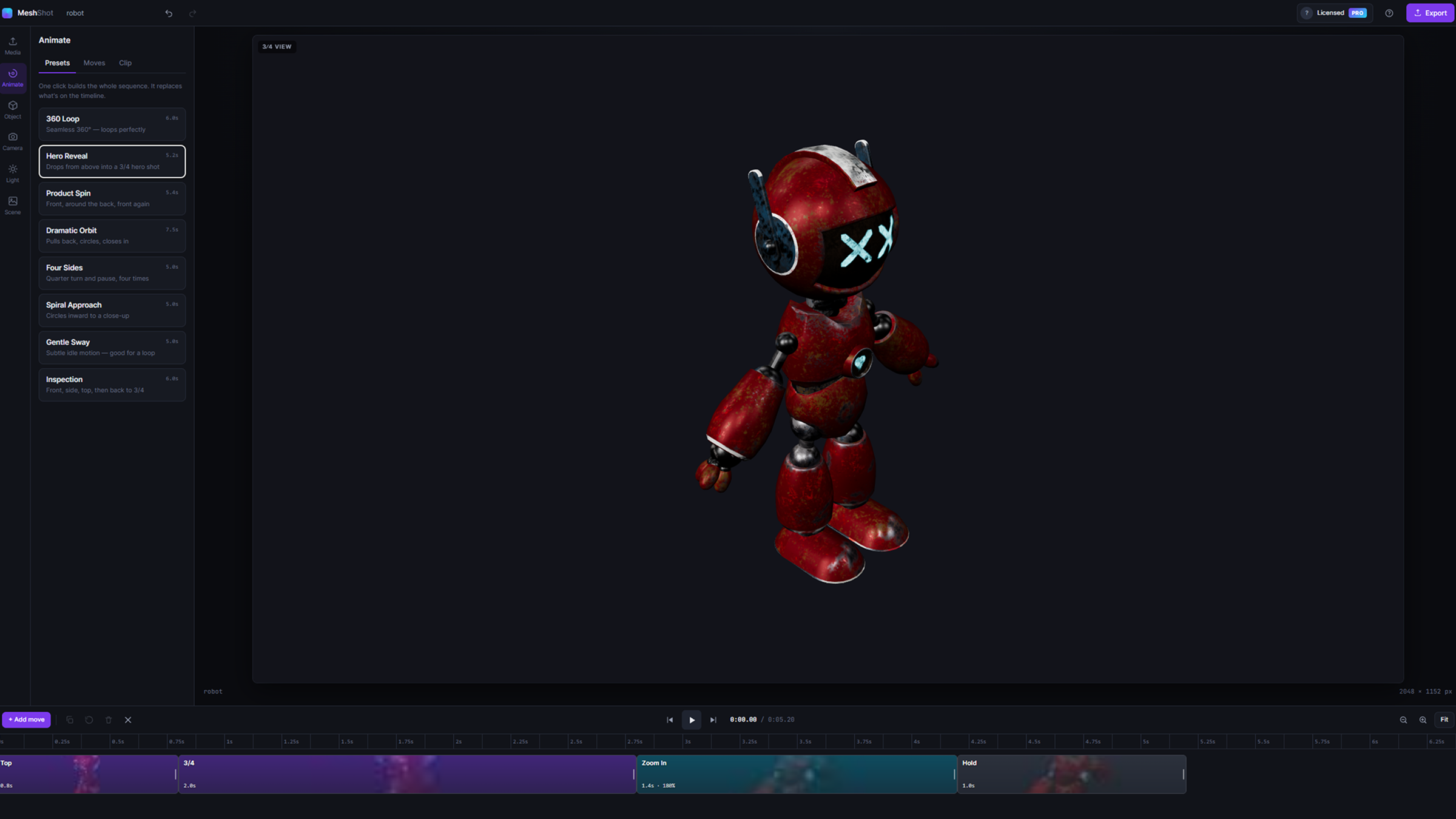 MeshShot 3D product animation editor with a product model framed in the viewport and camera clips on the timeline