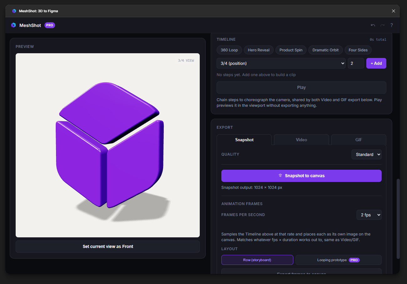 A purple logo turned into 3D from a Figma layer in the MeshShot plugin