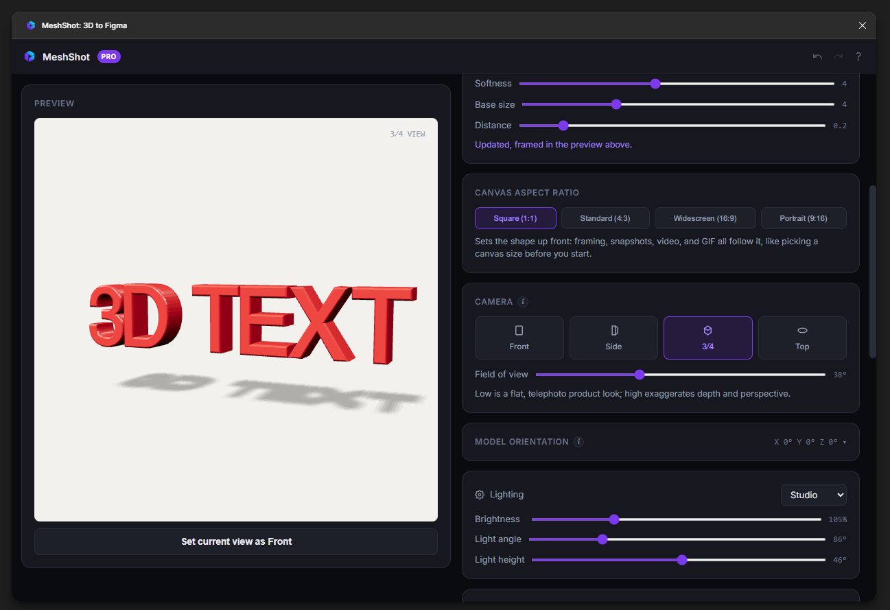 Red 3D text with a soft shadow created in the MeshShot Figma plugin