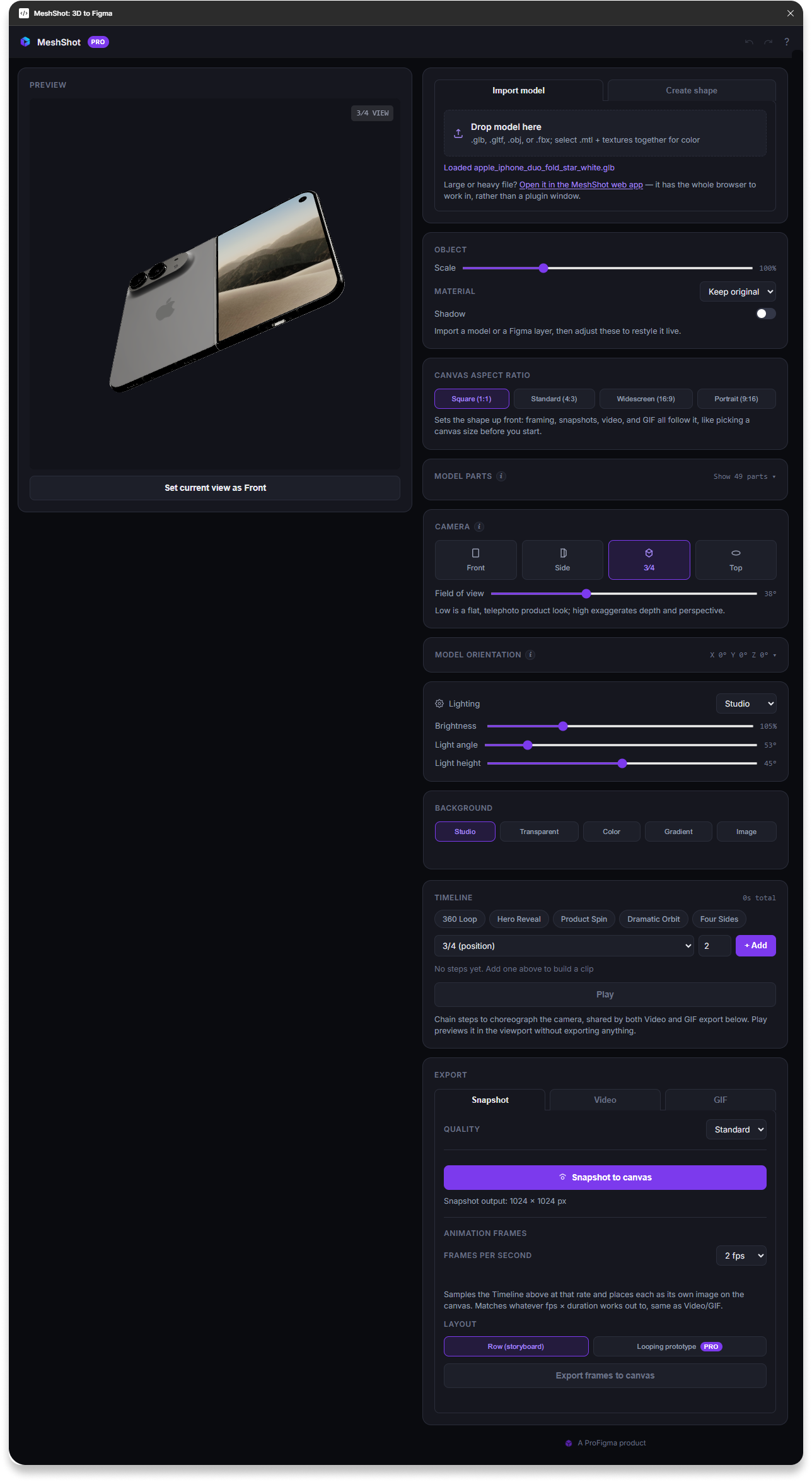 The full MeshShot Figma plugin panel from model import down to export settings