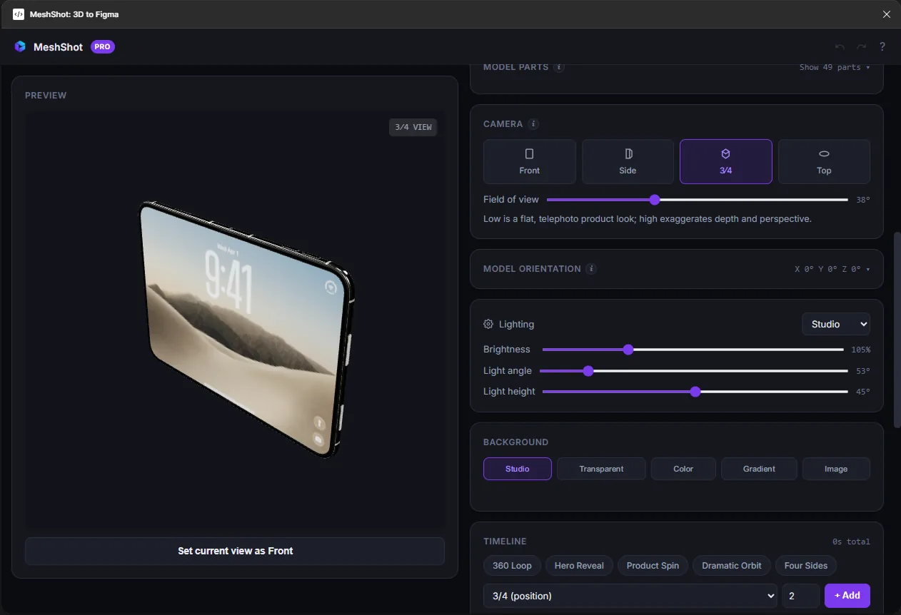 A 3D tablet model from the 3/4 camera angle in the MeshShot Figma plugin