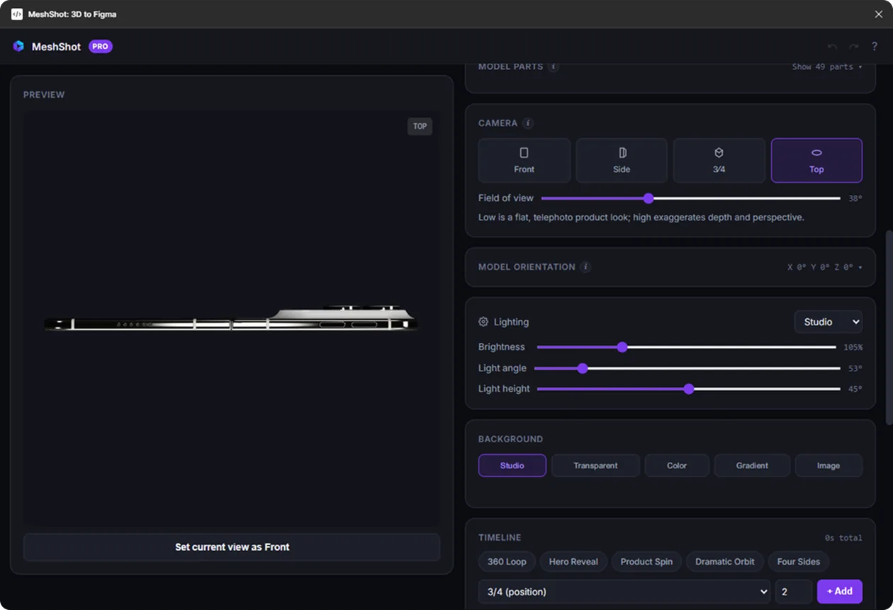 The same 3D device model from the top camera preset in the MeshShot Figma plugin