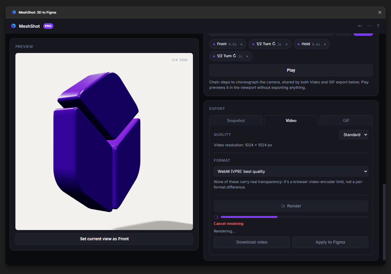 MeshShot Figma plugin rendering a WebM video of a 3D logo animation