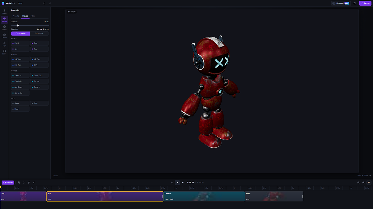 MeshShot timeline showing turn, zoom and hold camera clips making up a product animation