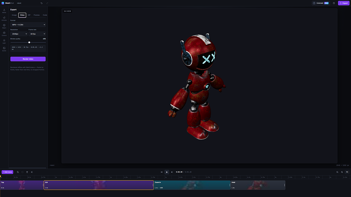 MeshShot export panel rendering an MP4 video of a 3D product animation